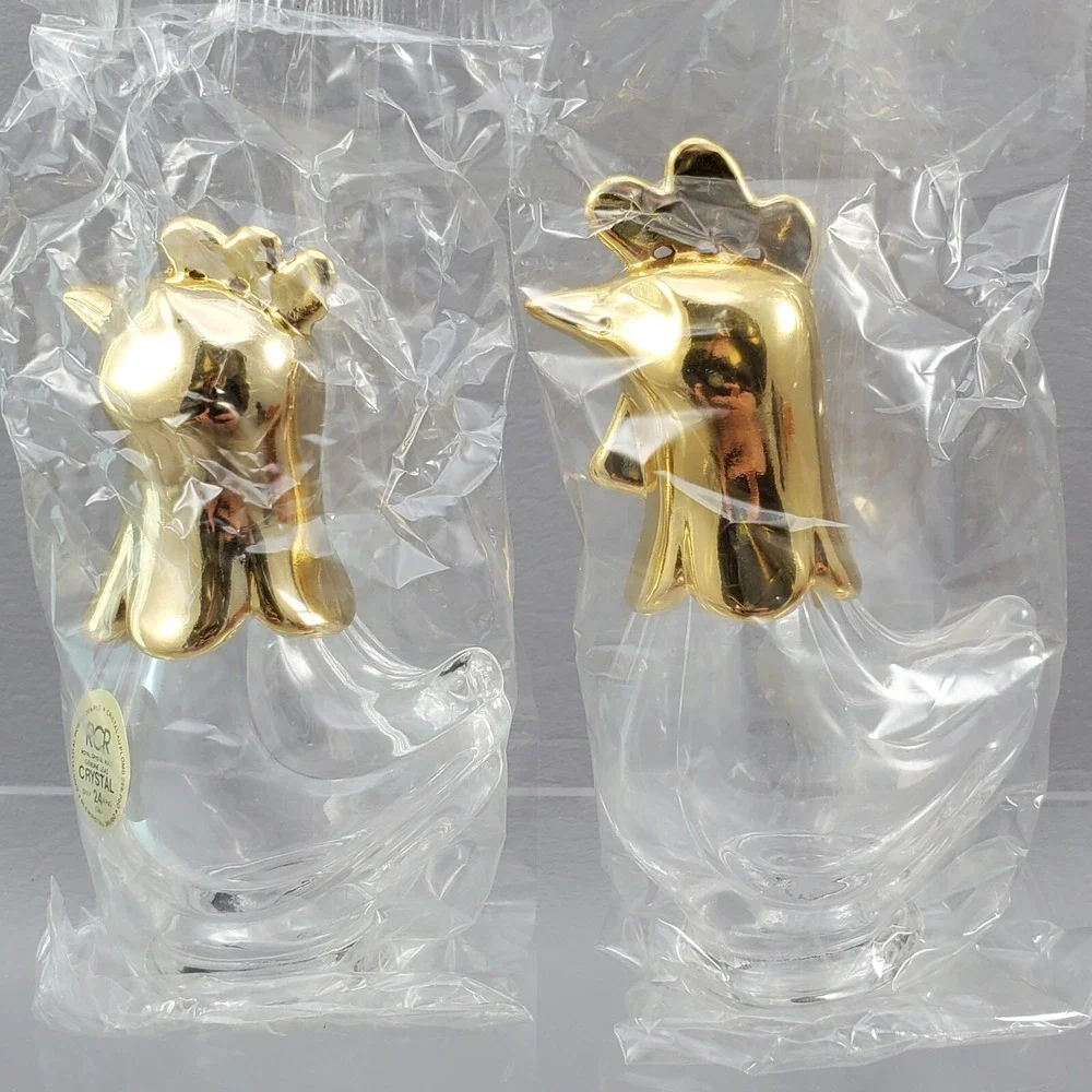 Rooster Hen Salt & Pepper Shakers Royal Crystal Rock RCR Crystal Gold Italy